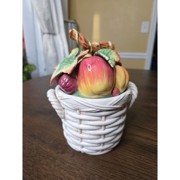 Fitz & Floyd Other - Fitz & Floyd Basket Weave Cookie Jar / Canister - Apple Plums Pear Grape 9 X 7